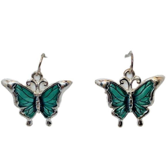 Green Butterfly Dangle Earrings 7/8" Silver Tone Fairycore Whimsical - Picture 6 of 9